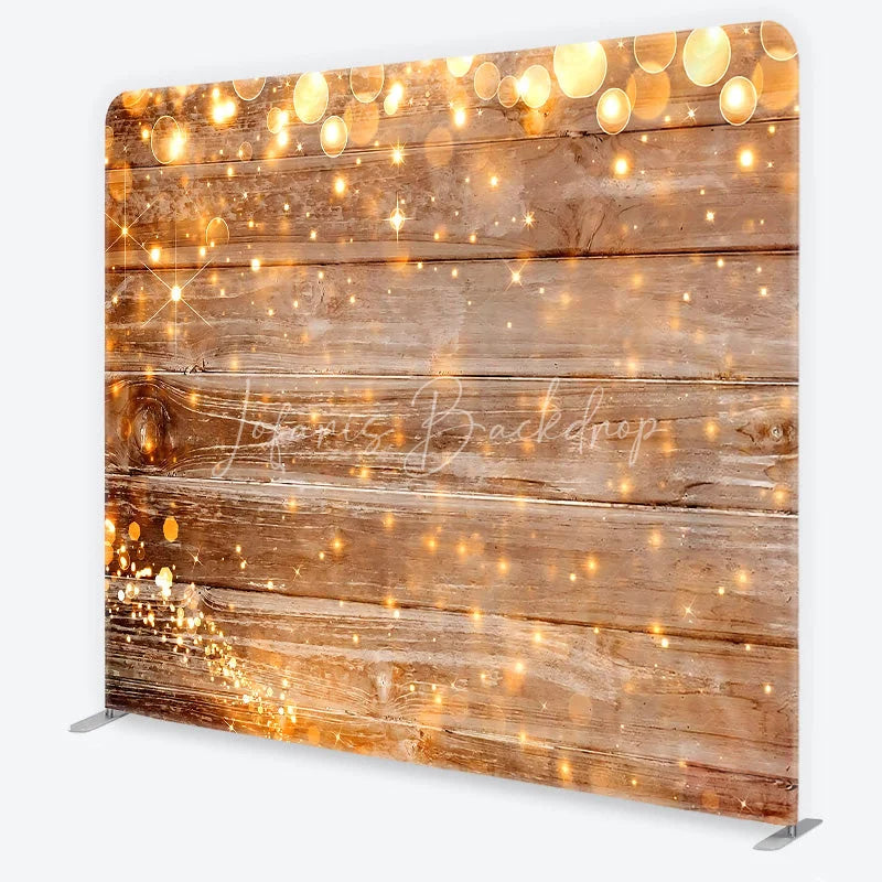 Lofaris Rustic Wood and String Lights Tension Fabric Backdrop Brown Wooden Planks with Warm Sparkles Background Event Decor