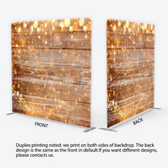 Lofaris Rustic Wood and String Lights Tension Fabric Backdrop Brown Wooden Planks with Warm Sparkles Background Event Decor