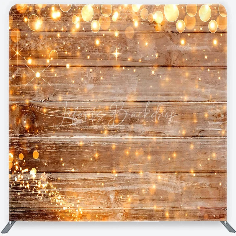 Lofaris Rustic Wood and String Lights Tension Fabric Backdrop Brown Wooden Planks with Warm Sparkles Background Event Decor