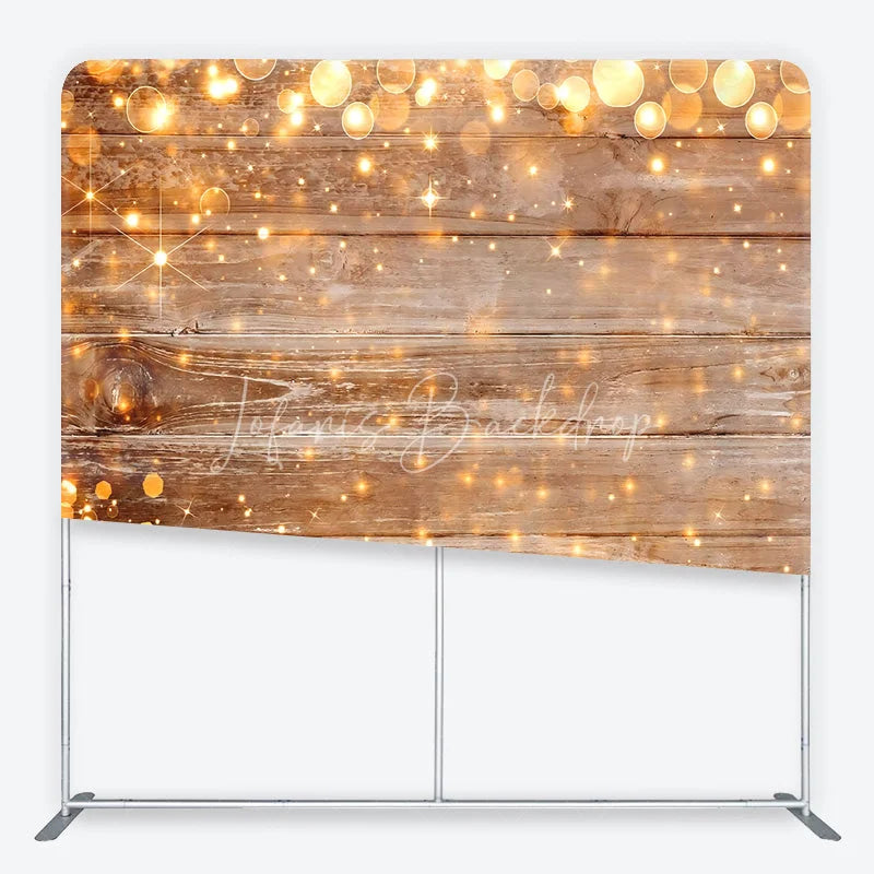 Lofaris Rustic Wood and String Lights Tension Fabric Backdrop Brown Wooden Planks with Warm Sparkles Background Event Decor