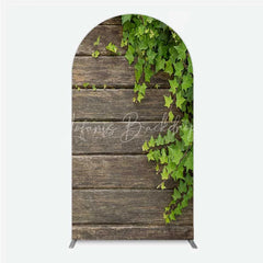 Lofaris Rustic Wood Arch Backdrop Dark Brown Wooden Planks with Green Ivy Leaves Background Wedding and Garden Party Decor