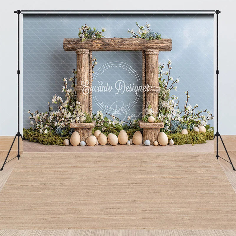 Lofaris Rustic Wood Arch Easter Combo Set Backdrop Spring Blossoms and Wooden Eggs Photography Studio Background