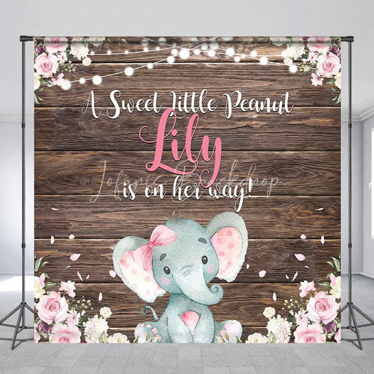 Lofaris Rustic Wood Baby Elephant Custom Backdrop with Pink Flowers A Sweet Little Peanut is on Her Way Shower Decor