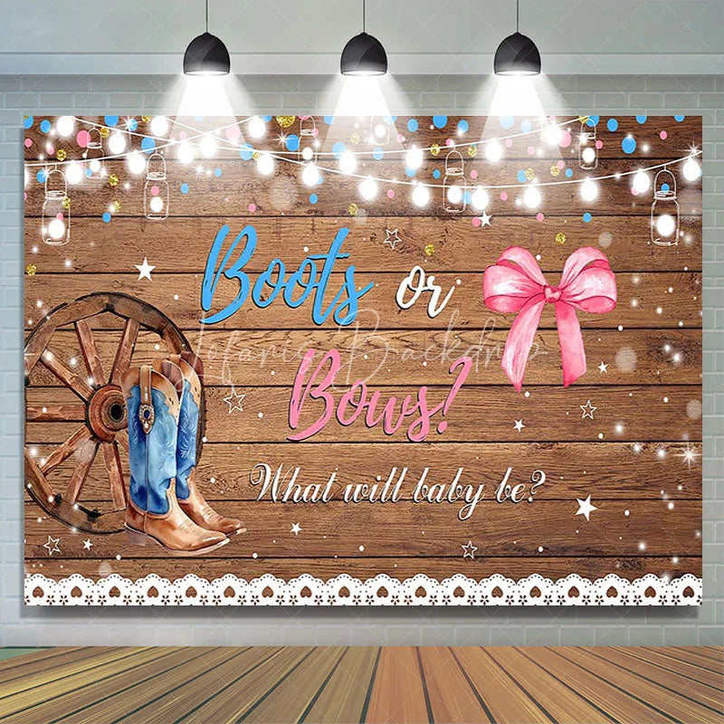 Lofaris Rustic Wood Boots or Bows Gender Reveal Backdrop Western Cowboy Cowgirl Baby Shower Background String Lights Decor