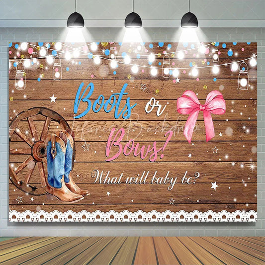 Lofaris Rustic Wood Boots or Bows Gender Reveal Backdrop Western Cowboy Cowgirl Baby Shower Background String Lights Decor
