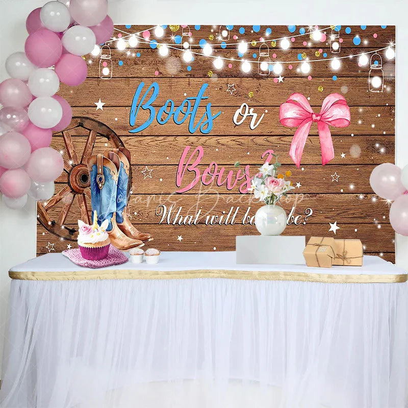 Lofaris Rustic Wood Boots or Bows Gender Reveal Backdrop Western Cowboy Cowgirl Baby Shower Background String Lights Decor