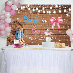 Lofaris Rustic Wood Boots or Bows Gender Reveal Backdrop Western Cowboy Cowgirl Baby Shower Background String Lights Decor