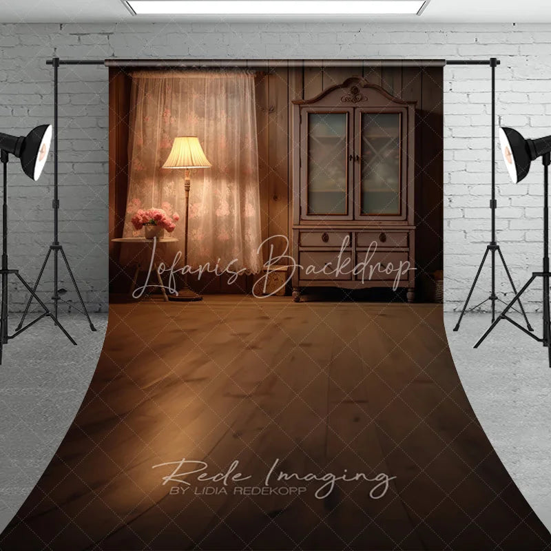 Lofaris Rustic Wood Cabin Interior Photography Backdrop Vintage Cabinet and Lamp Sweep Portrait Studio Background