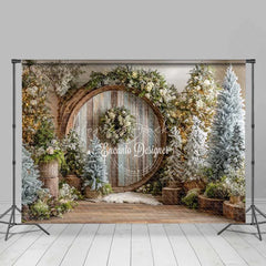 Lofaris Rustic Wood Circle Christmas Backdrop Winter Forest Snowy Tree Photography Background