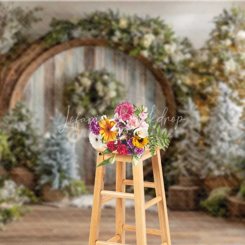 Lofaris Rustic Wood Circle Christmas Backdrop Winter Forest Snowy Tree Photography Background