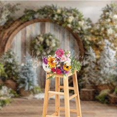 Lofaris Rustic Wood Circle Christmas Backdrop Winter Forest Snowy Tree Photography Background