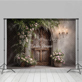 Lofaris Rustic Wood Door Photography Backdrop Climbing Pink Roses and Chandelier Farmhouse Wedding Photo Background