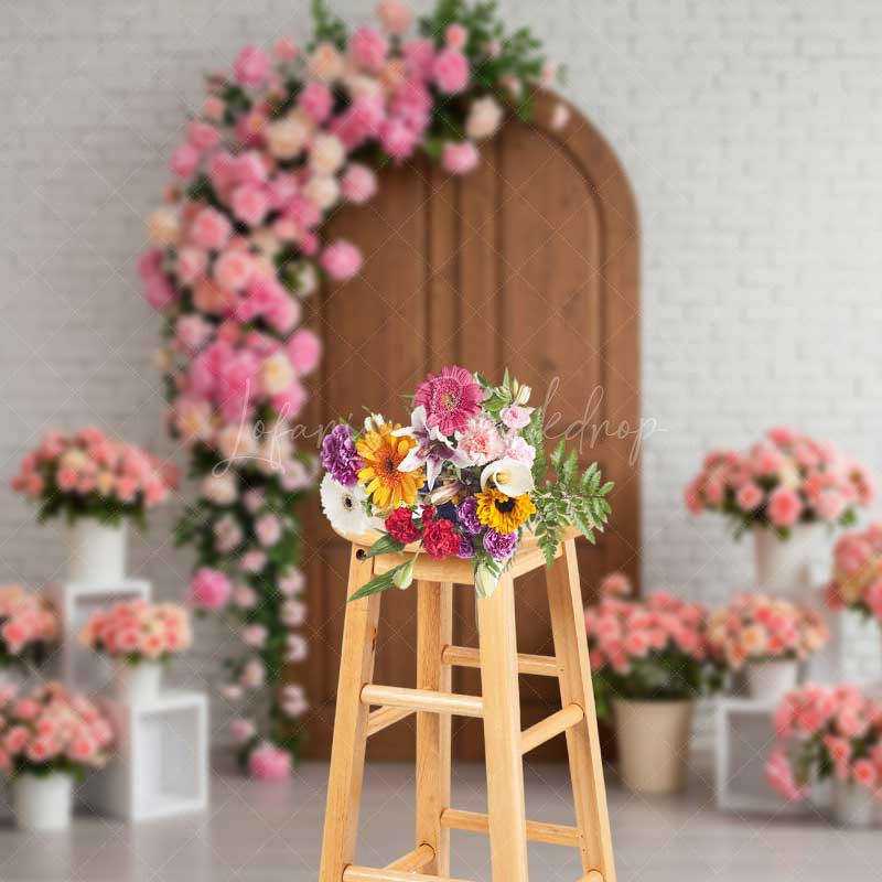 Lofaris Rustic Wood Door Photography Backdrop White Brick Wall with Pink Rose Arch Romantic Wedding or Bridal Shower Decor