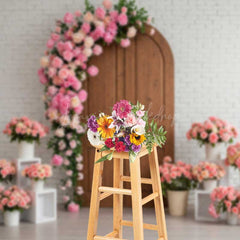 Lofaris Rustic Wood Door Photography Backdrop White Brick Wall with Pink Rose Arch Romantic Wedding or Bridal Shower Decor