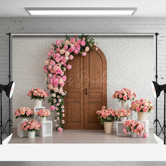 Lofaris Rustic Wood Door Photography Backdrop White Brick Wall with Pink Rose Arch Romantic Wedding or Bridal Shower Decor