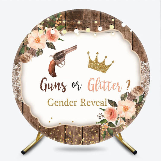 Lofaris Rustic Wood Gender Reveal Round Backdrop Cowboy or Princess Theme Floral Gold Glitter