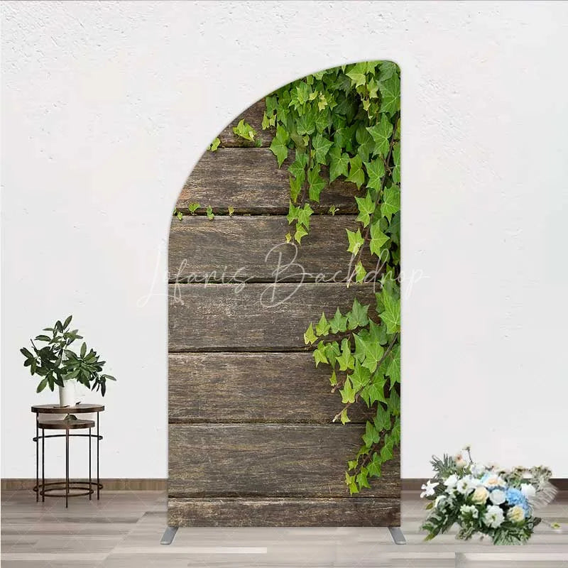 Lofaris Rustic Wood Half Moon Arch Backdrop Dark Brown Wooden Planks with Green Ivy Leaves Background Wedding and Garden Party Decor