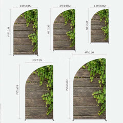 Lofaris Rustic Wood Half Moon Arch Backdrop Dark Brown Wooden Planks with Green Ivy Leaves Background Wedding and Garden Party Decor