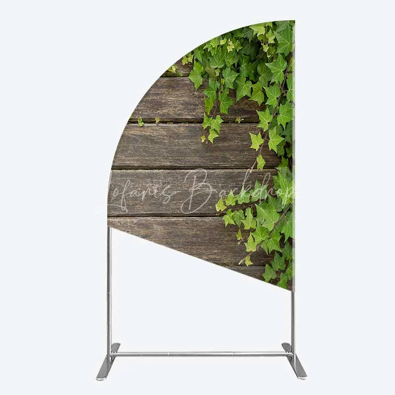 Lofaris Rustic Wood Half Moon Arch Backdrop Dark Brown Wooden Planks with Green Ivy Leaves Background Wedding and Garden Party Decor