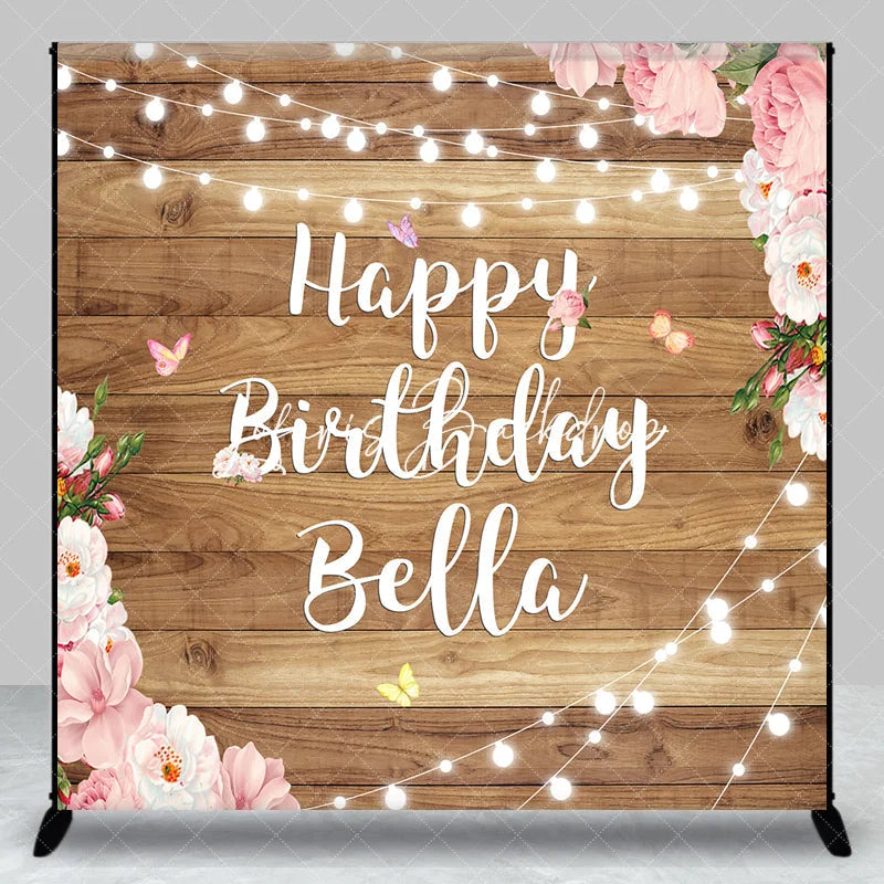 Lofaris Rustic Wood Happy Birthday Custom Backdrop with Pink Floral and String Lights Personalized Party Decor