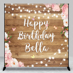Lofaris Rustic Wood Happy Birthday Custom Backdrop with Pink Floral and String Lights Personalized Party Decor