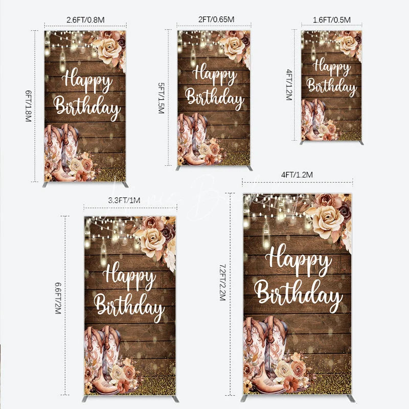 Lofaris Rustic Wood Happy Birthday Rectangle Arch Backdrop with Cowboy Boots String Lights and Golden Glitter