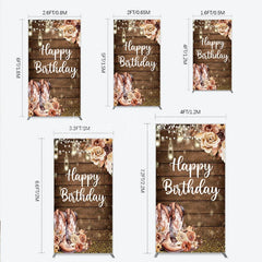 Lofaris Rustic Wood Happy Birthday Rectangle Arch Backdrop with Cowboy Boots String Lights and Golden Glitter