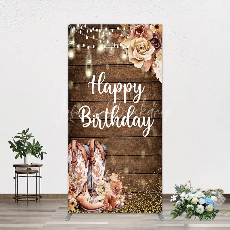Lofaris Rustic Wood Happy Birthday Rectangle Arch Backdrop with Cowboy Boots String Lights and Golden Glitter