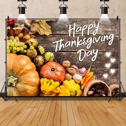 Lofaris Rustic Wood Harvest Scene Thanksgiving Day Backdrop Pumpkins and Maple Leaves Cozy Autumn Decoration