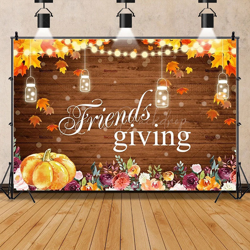 Lofaris Rustic Wood Harvest Scene Thanksgiving Day Backdrop Pumpkins and Maple Leaves Cozy Autumn Decoration