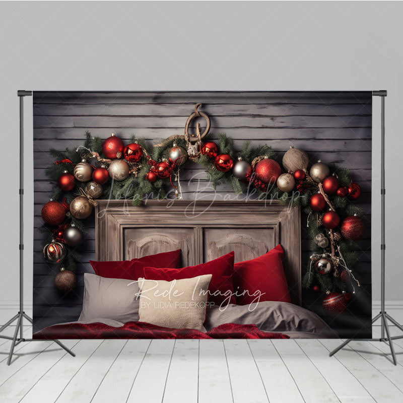 Lofaris Rustic Wood Headboard Photography Backdrop Christmas Garland with Red Ornaments Farmhouse Bedroom Photo Prop