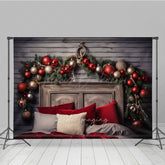 Lofaris Rustic Wood Headboard Photography Backdrop Christmas Garland with Red Ornaments Farmhouse Bedroom Photo Prop