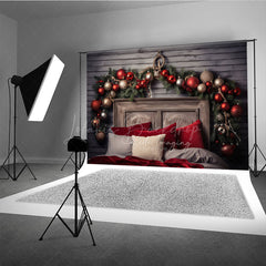 Lofaris Rustic Wood Headboard Photography Backdrop Christmas Garland with Red Ornaments Farmhouse Bedroom Photo Prop