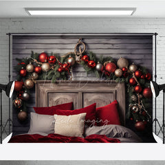 Lofaris Rustic Wood Headboard Photography Backdrop Christmas Garland with Red Ornaments Farmhouse Bedroom Photo Prop