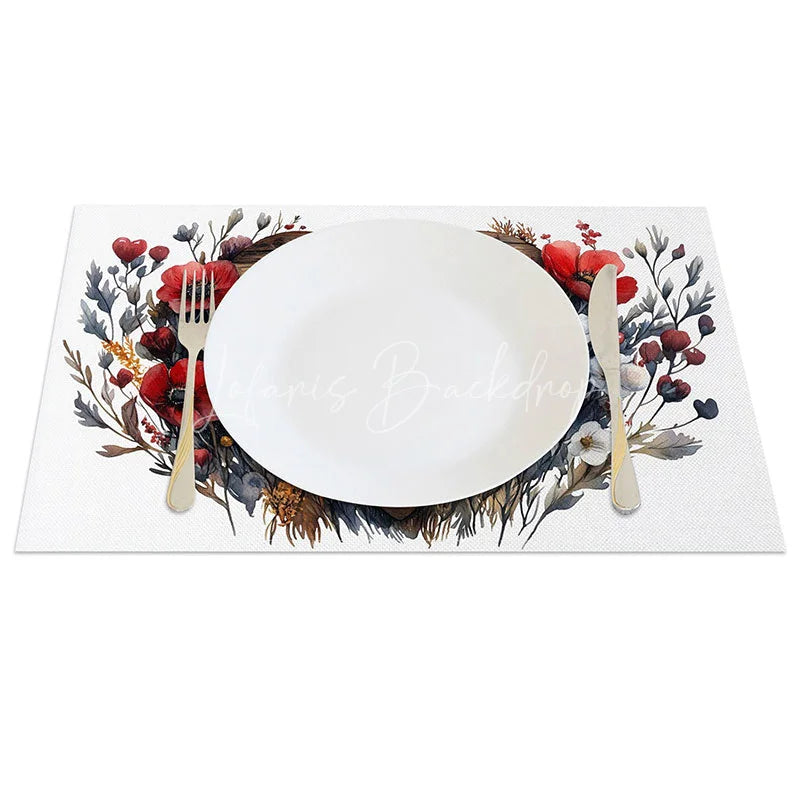 Lofaris Rustic Wood Heart Floral Set of 4 Placemats Red Flower Valentine Decoration Farmhouse Love Table Mat