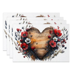 Lofaris Rustic Wood Heart Floral Set of 4 Placemats Red Flower Valentine Decoration Farmhouse Love Table Mat