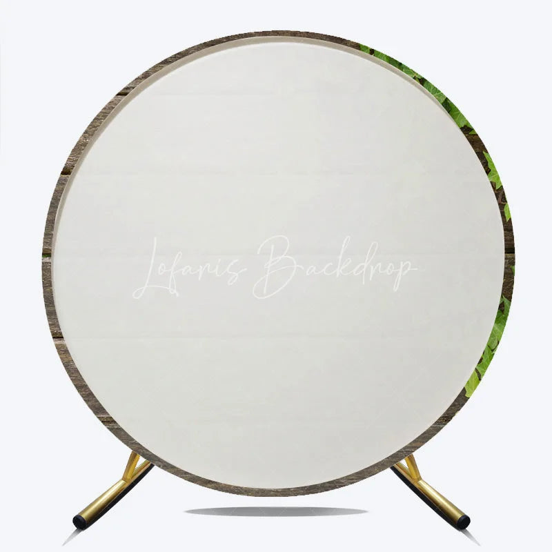 Lofaris Rustic Wood Round Backdrop Dark Brown Wooden Planks with Green Ivy Leaves Background Natural Garden Party Decor