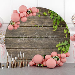 Lofaris Rustic Wood Round Backdrop Dark Brown Wooden Planks with Green Ivy Leaves Background Natural Garden Party Decor