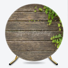 Lofaris Rustic Wood Round Backdrop Dark Brown Wooden Planks with Green Ivy Leaves Background Natural Garden Party Decor