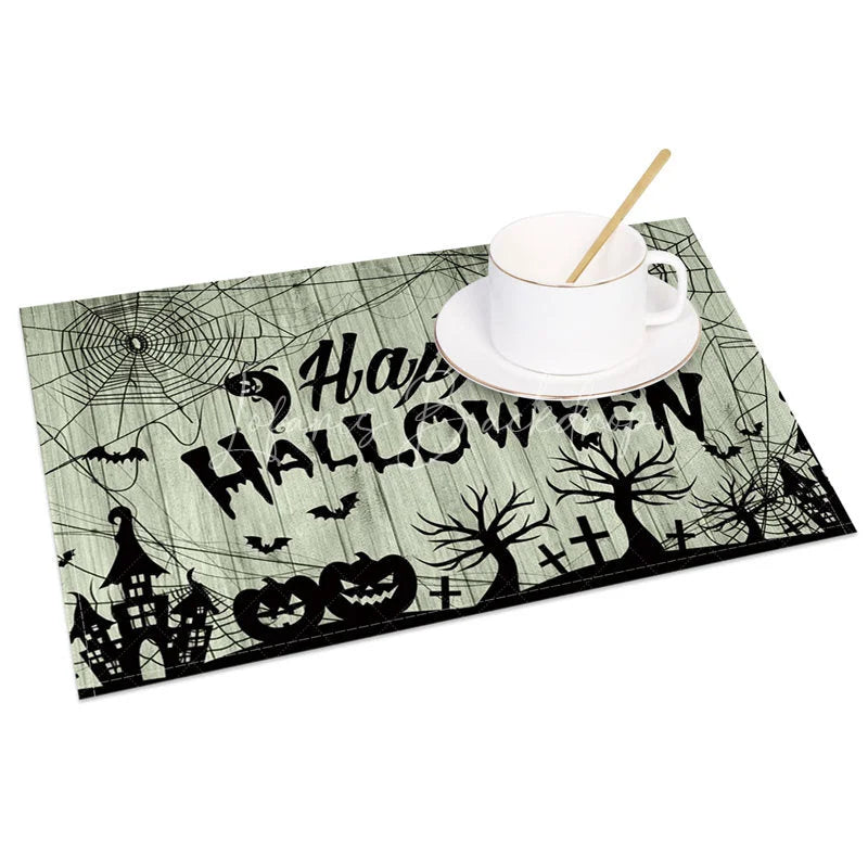 Lofaris Rustic Wood Texture with Cobweb Halloween Set of 4 Placemats for Spooky Farmhouse Party Decorations