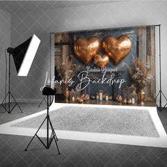 Lofaris Rustic Wood Wall Copper Heart Balloons Fireplace Photography Backdrop for Valentine’s Day Romantic Celebration
