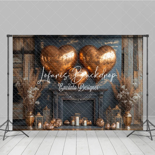 Lofaris Rustic Wood Wall Copper Heart Balloons Fireplace Photography Backdrop for Valentine’s Day Romantic Celebration