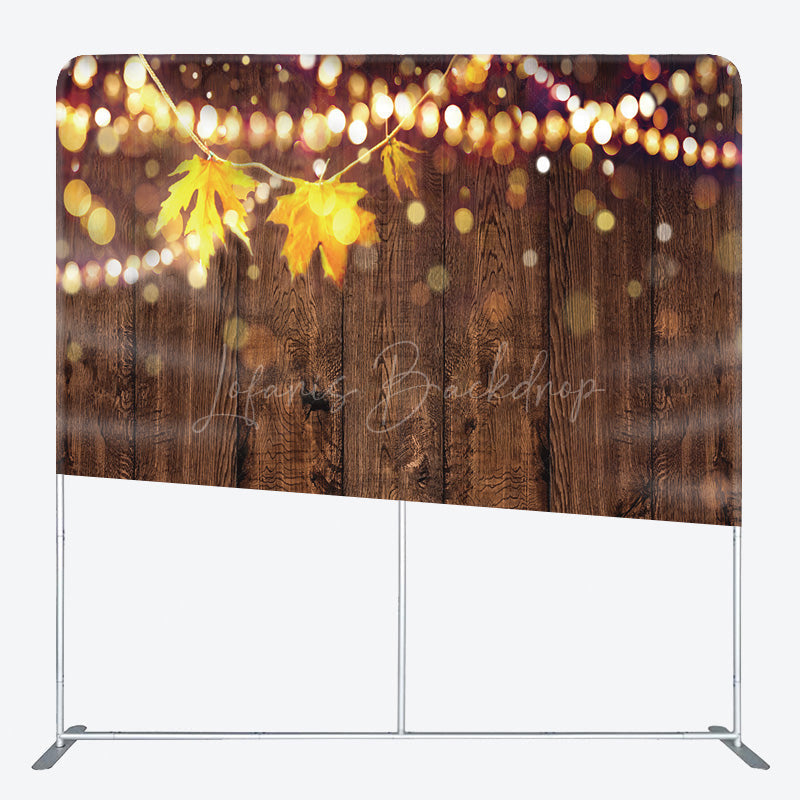 Lofaris Rustic Wood Wall Tension Fabric Backdrop with Autumn Leaves and Bokeh Lights Fall Wedding or Thanksgiving Party