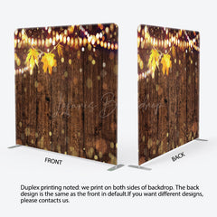 Lofaris Rustic Wood Wall Tension Fabric Backdrop with Autumn Leaves and Bokeh Lights Fall Wedding or Thanksgiving Party
