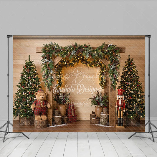 Lofaris Rustic Wooden Arch Holiday Backdrop with Decorated Christmas Trees Twinkling Lights Teddy Bear and Nutcracker Decor.