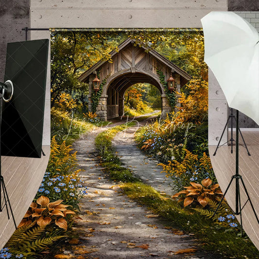 Lofaris Rustic Wooden Archway Autumn Forest Sweep Backdrop Enchanting Winding Path and Golden Wildflowers Photography