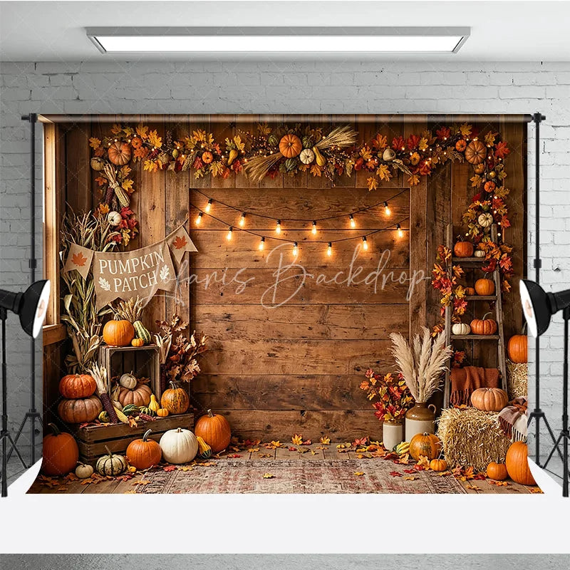 Lofaris Rustic Wooden Barn Autumn Pumpkin Patch Photography Backdrop with String Lights Fall Harvest Decor