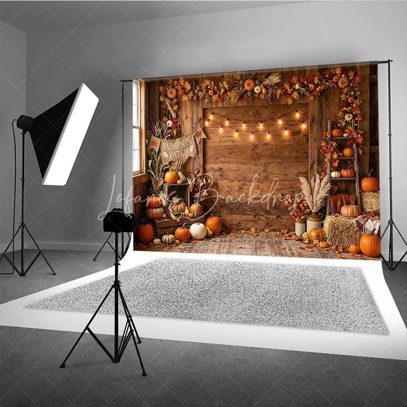 Lofaris Rustic Wooden Barn Autumn Pumpkin Patch Photography Backdrop with String Lights Fall Harvest Decor