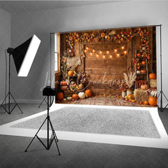 Lofaris Rustic Wooden Barn Autumn Pumpkin Patch Photography Backdrop with String Lights Fall Harvest Decor
