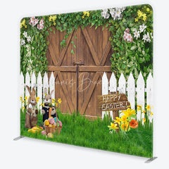 Lofaris Rustic Wooden Barn Door and Picket Fence Square Double-Sided Backdrop Happy Easter Bunnies Colorful Eggs
